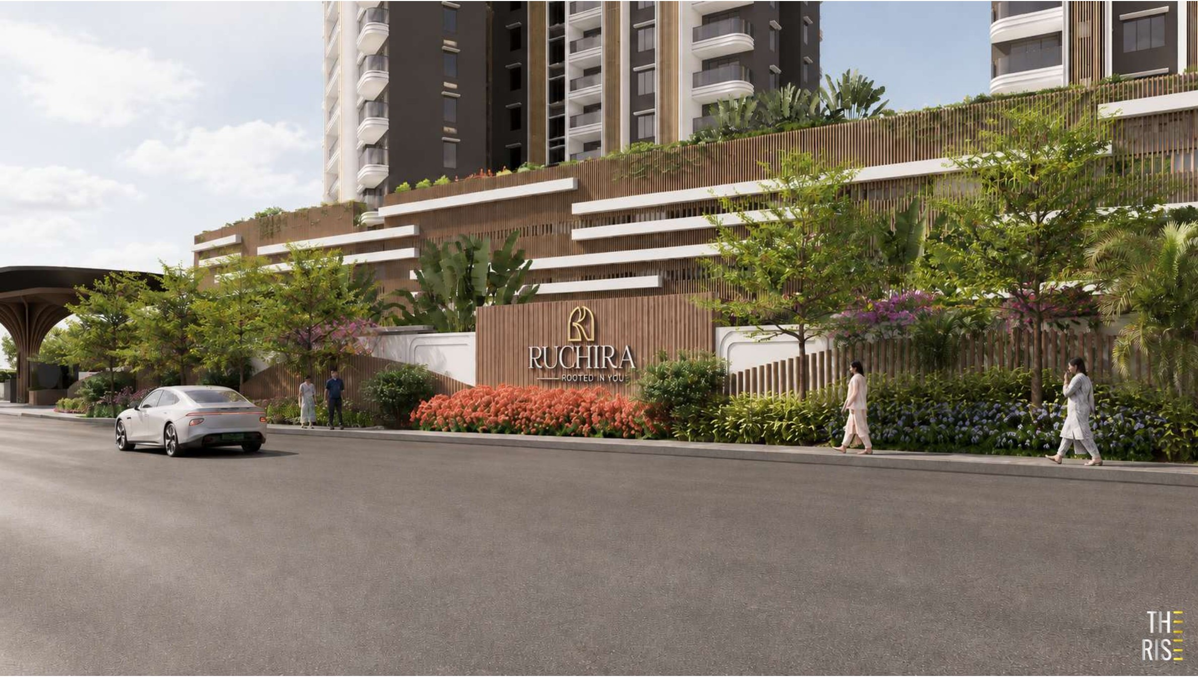 The Rise by Ruchira entrance signage and porte-cochère facade at Budigere Cross