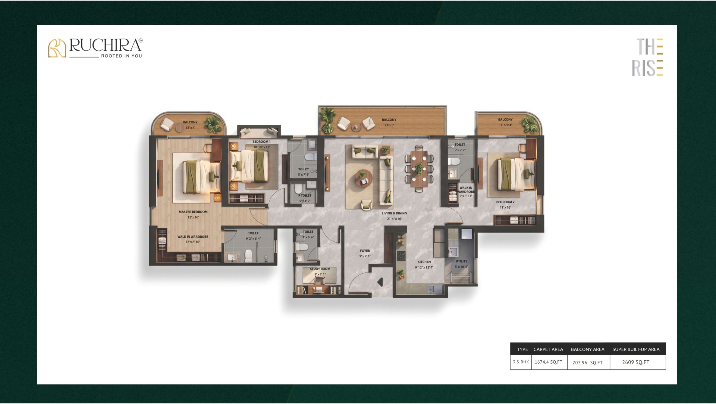 3.5 BHK floor plan at The Rise — super built-up area 2609 sq.ft.