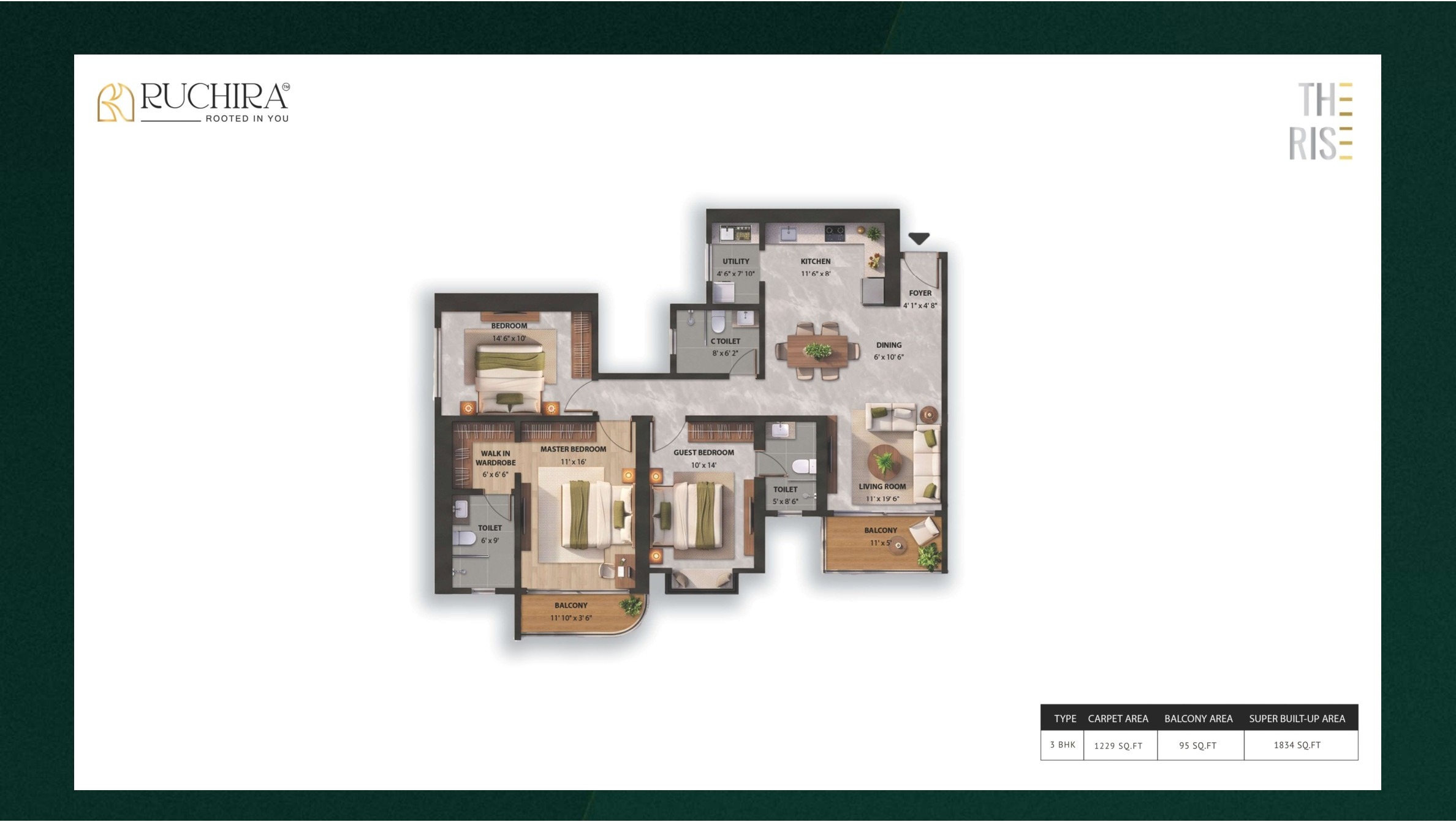 3 BHK floor plan at The Rise — super built-up area 1834 sq.ft.