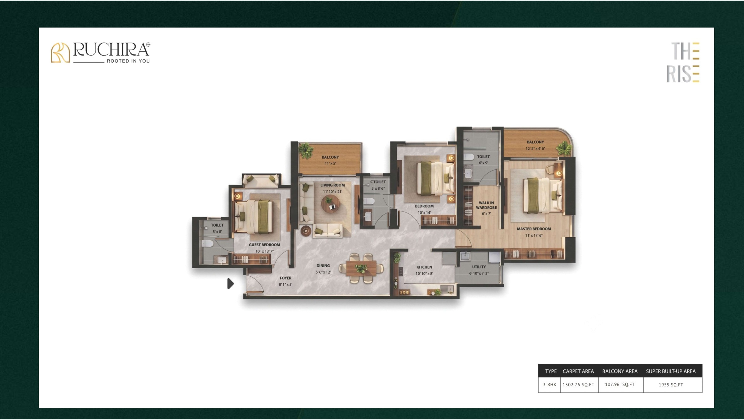 3 BHK floor plan at The Rise — super built-up area 1955 sq.ft.