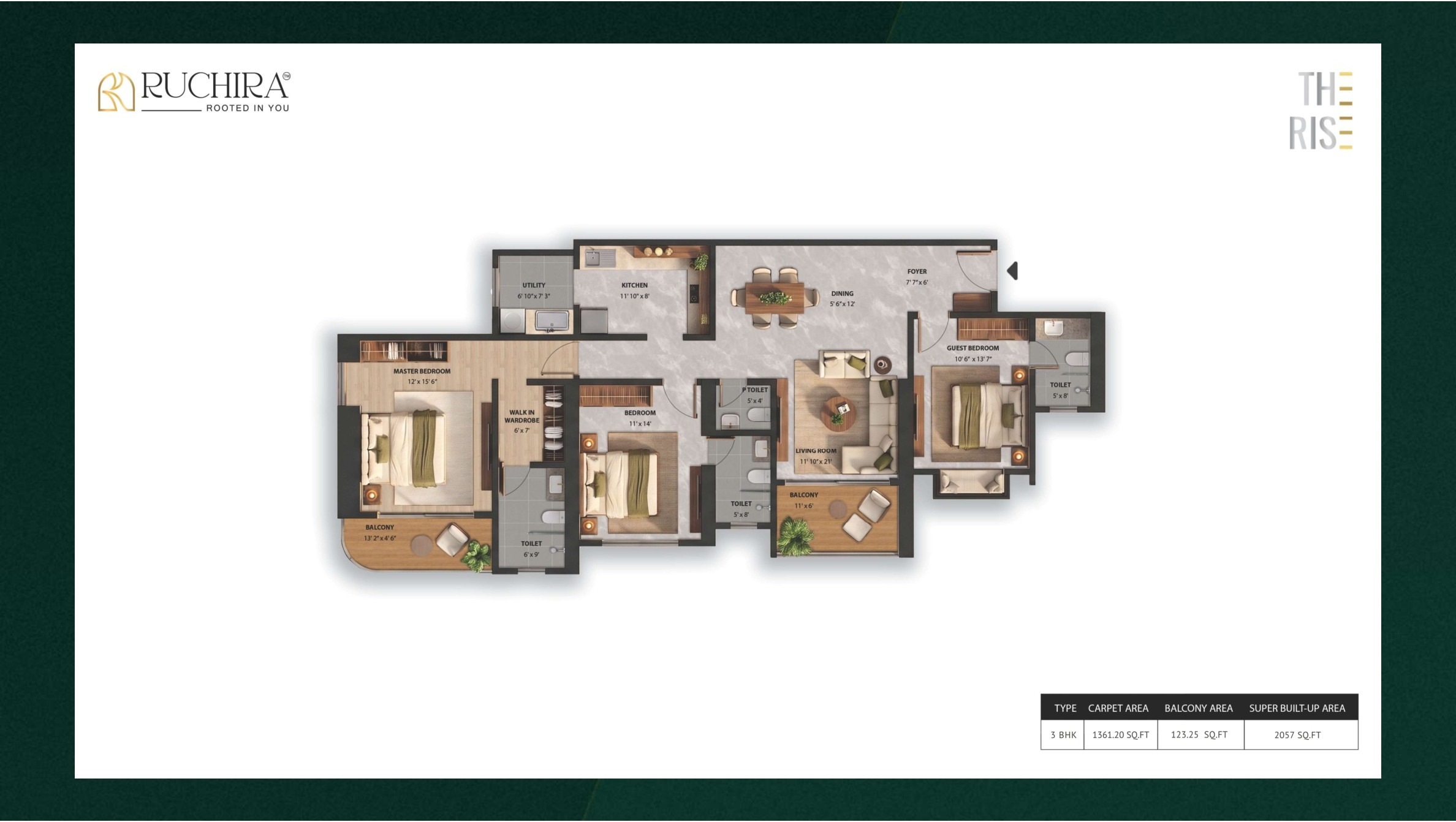 3 BHK floor plan at The Rise — super built-up area 2057 sq.ft.