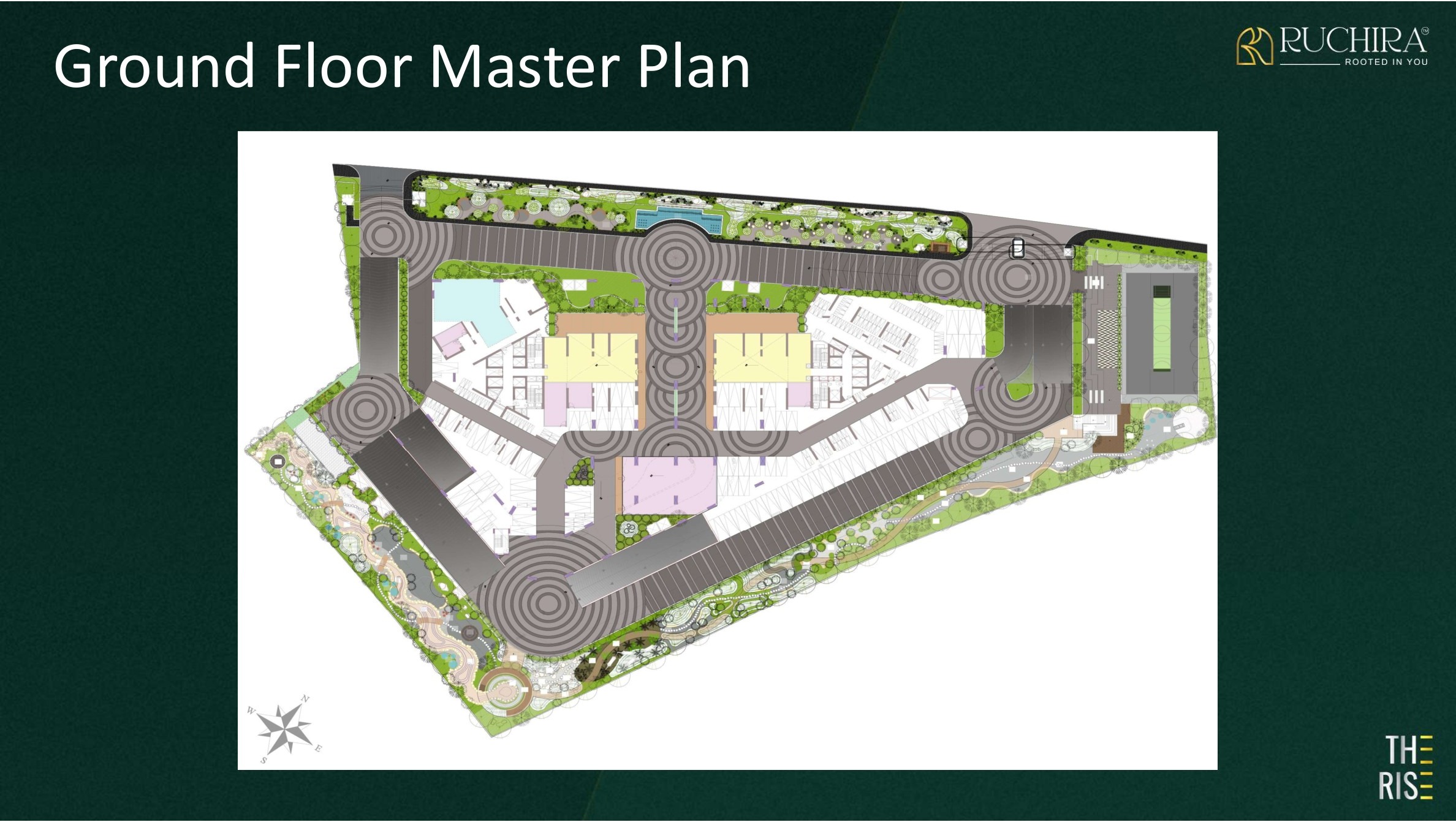 Ground floor master plan of The Rise showing tower footprints, pool, amphitheatre and landscaped grounds
