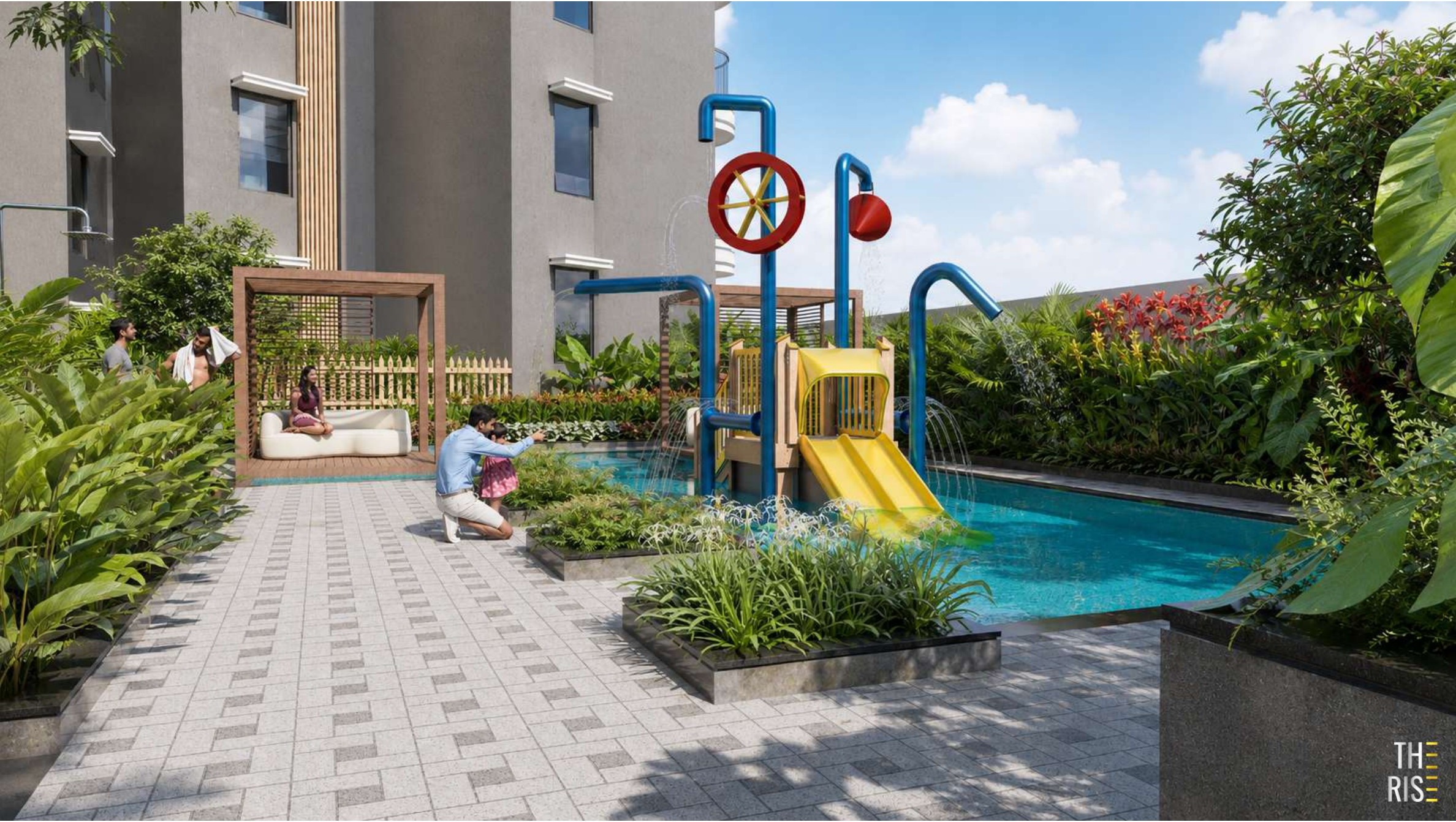 Children's splash pool and water play area at The Rise clubhouse