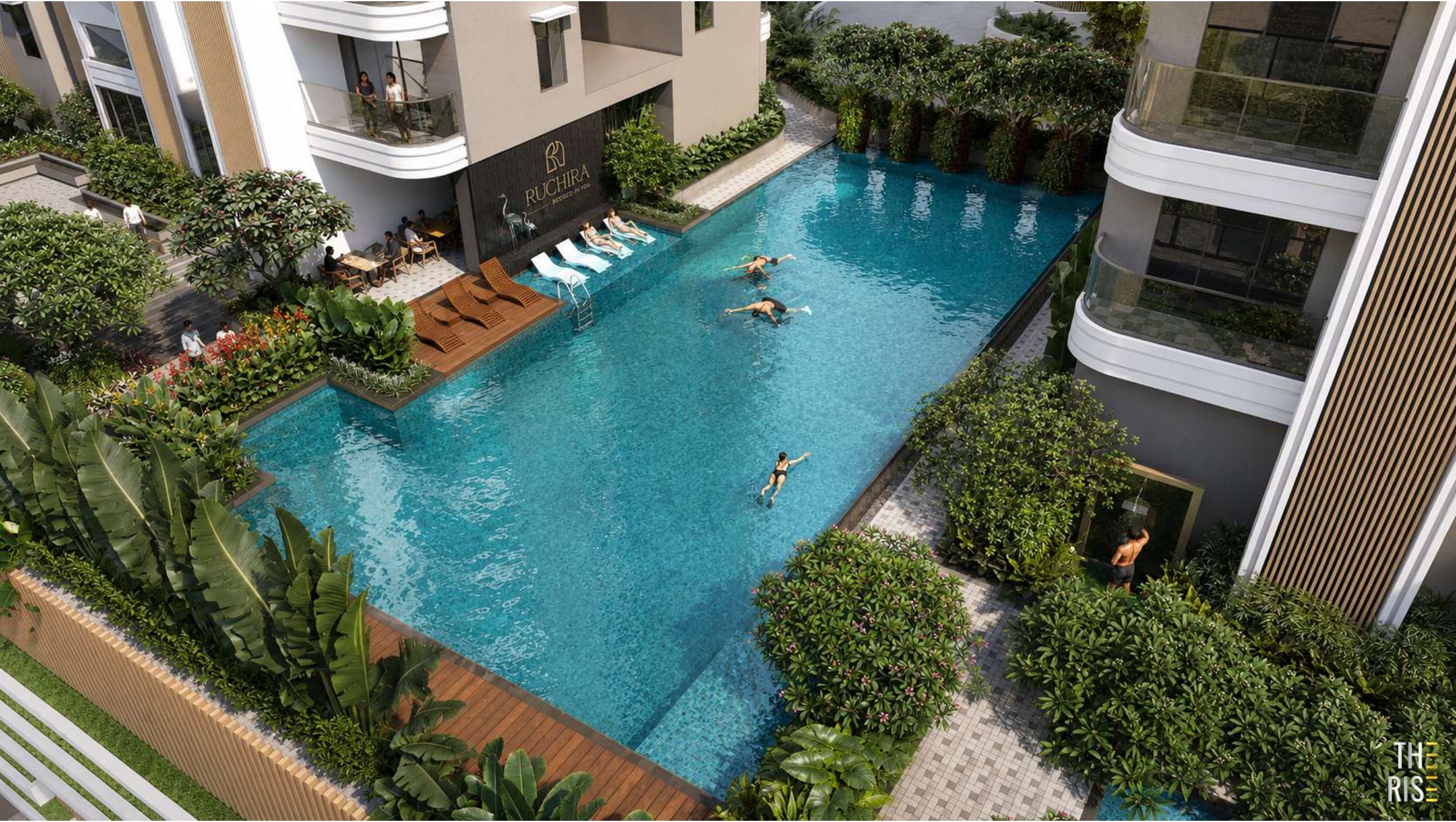 Aerial view of the swimming pool deck between the two towers at The Rise