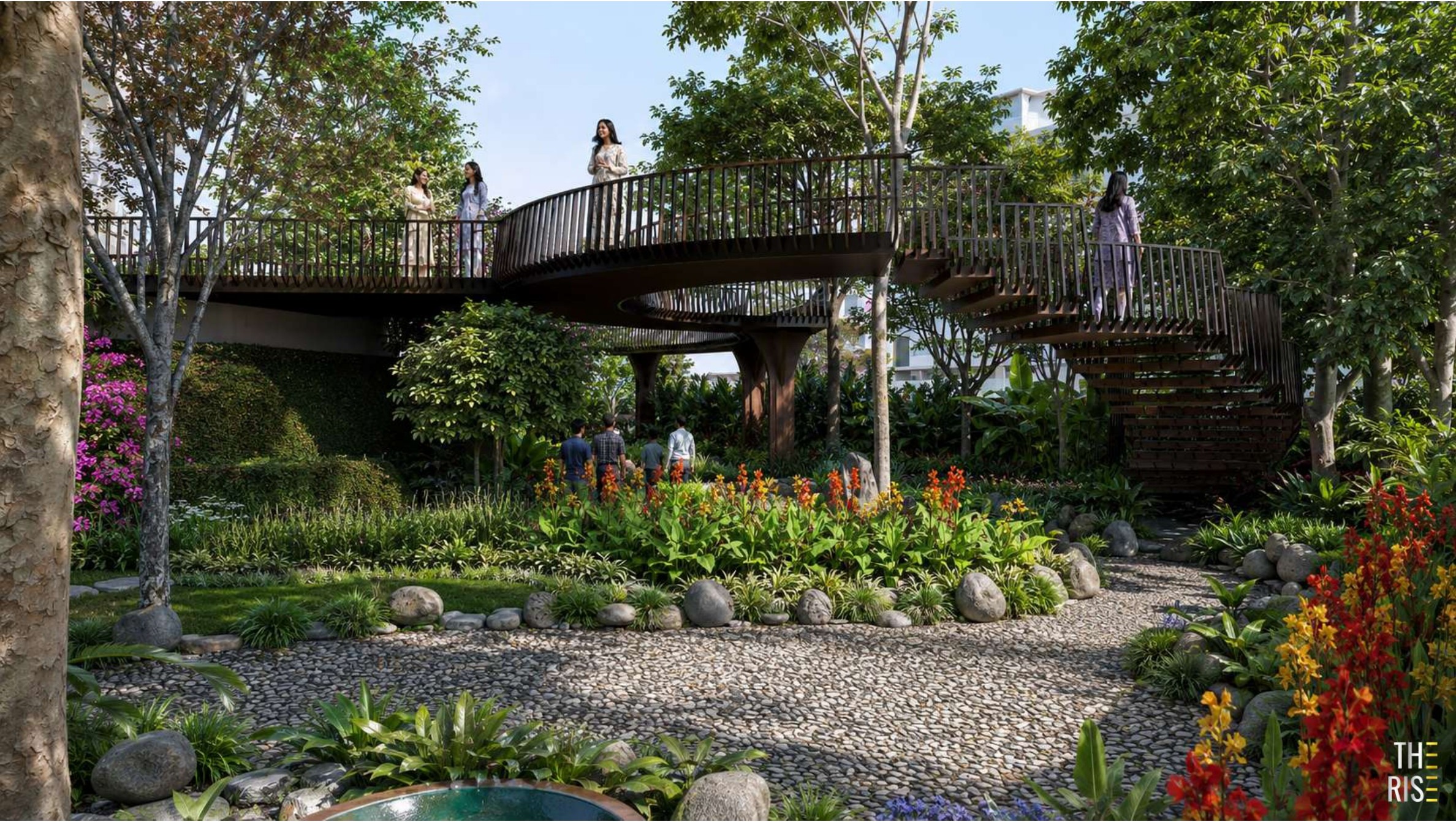 Curved amenity sky bridge over the landscaped garden at The Rise, connecting Tower I and Tower II