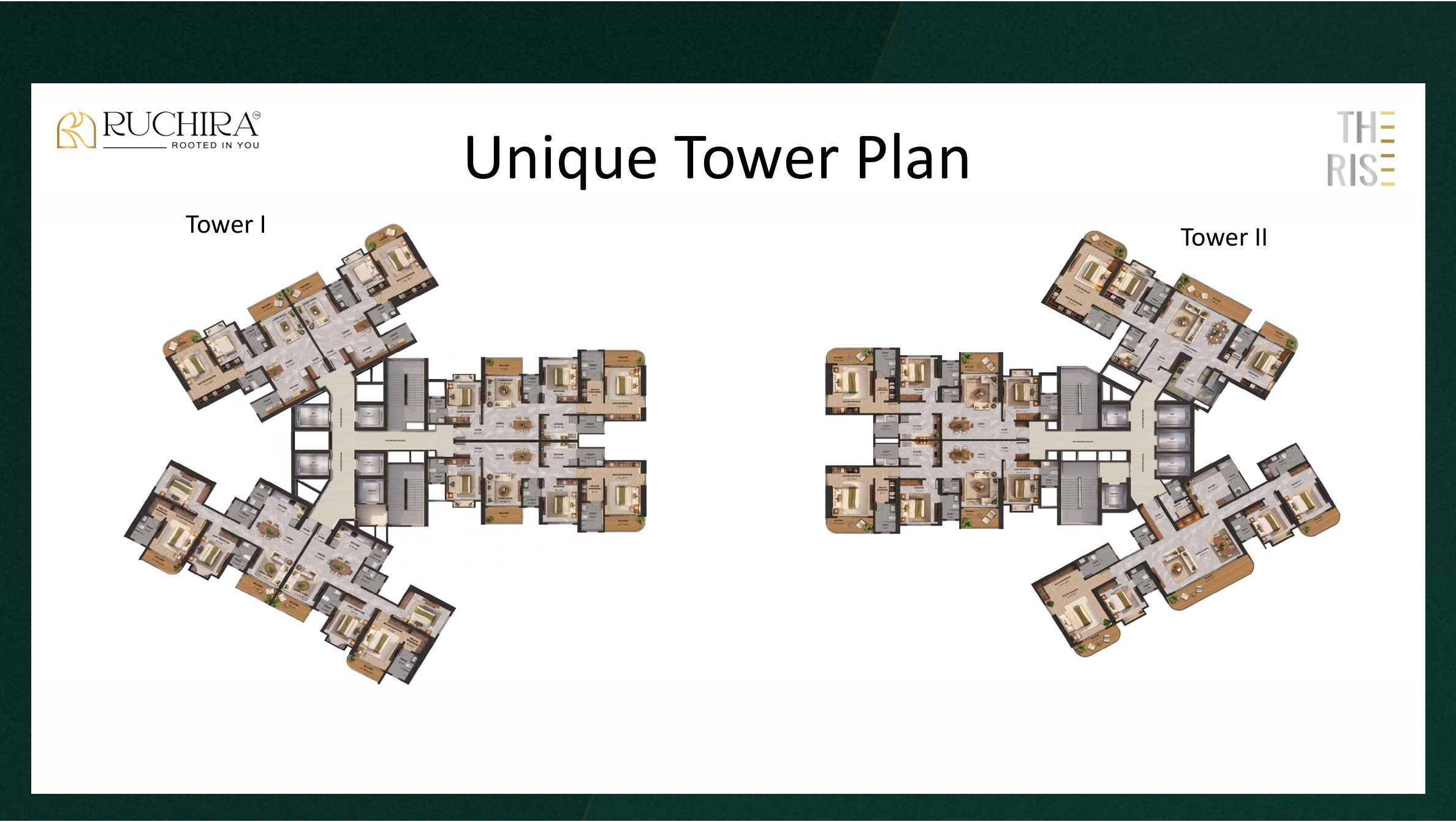 Unique tower floor plate plan for Tower I and Tower II at The Rise, showing the low-density layout